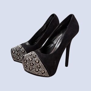 Breckelle's Black Suede and Rhinestone Stiletto Heels (Size 8)